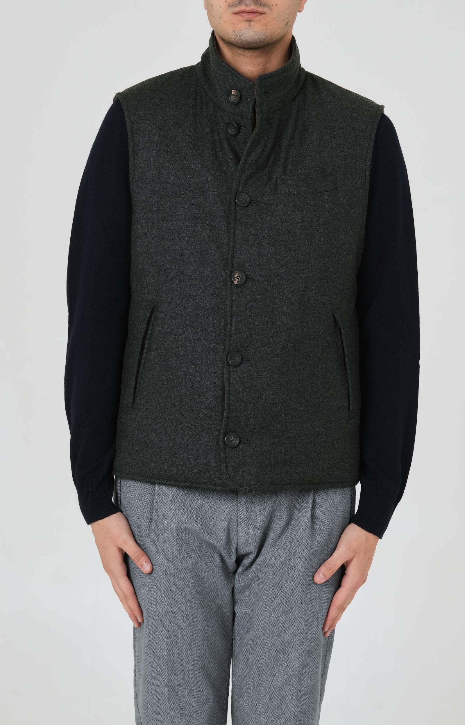 Reversible vest in wool and suede fabric