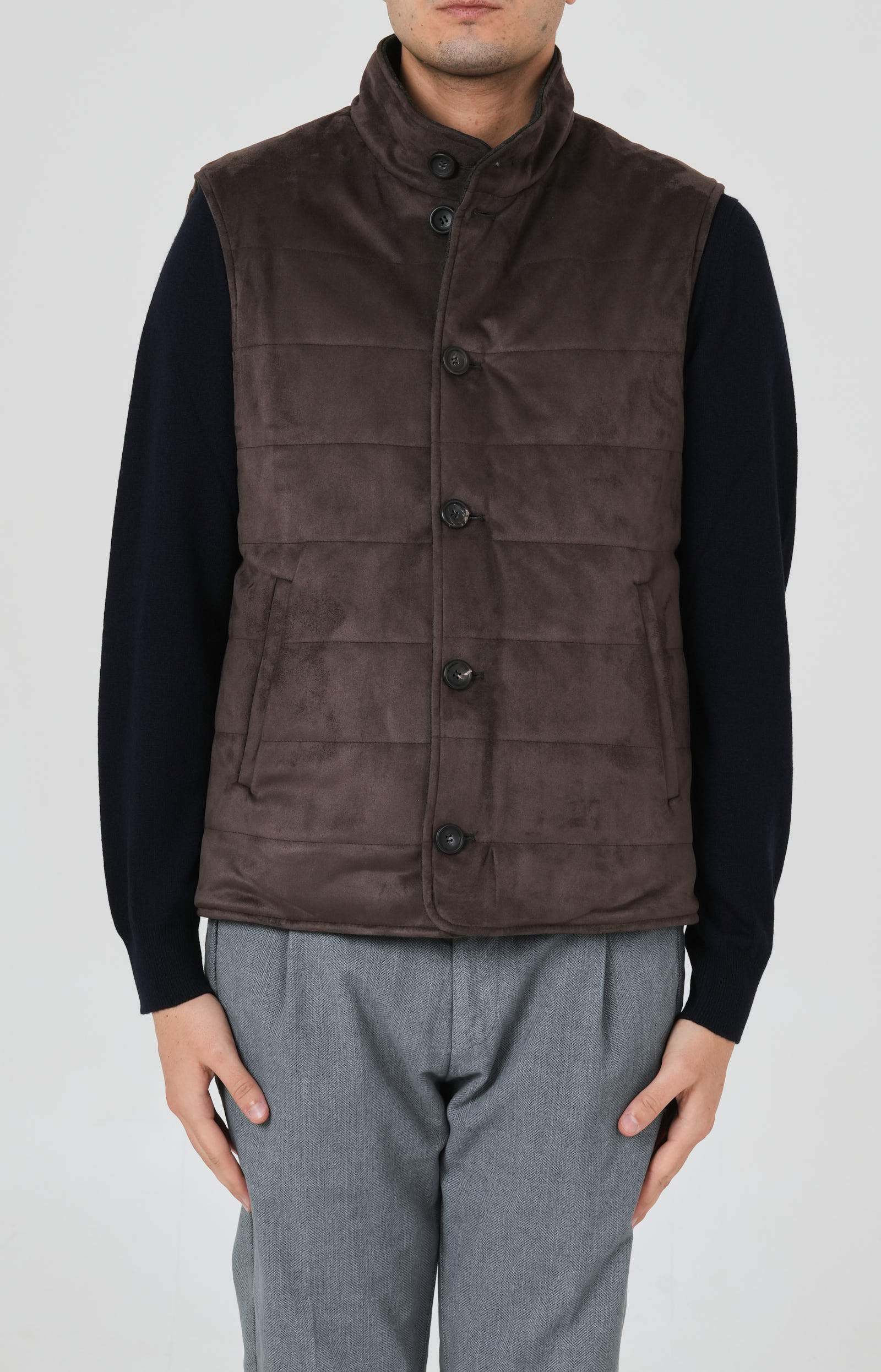 Reversible vest in wool and suede fabric